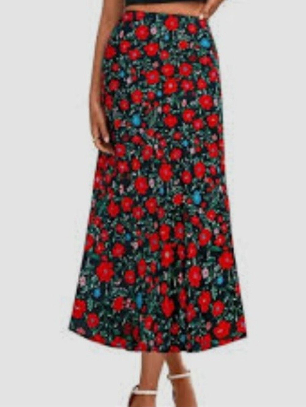 Black & Red Floral A-Line Satin Midi Skirt in Size M(8-10)